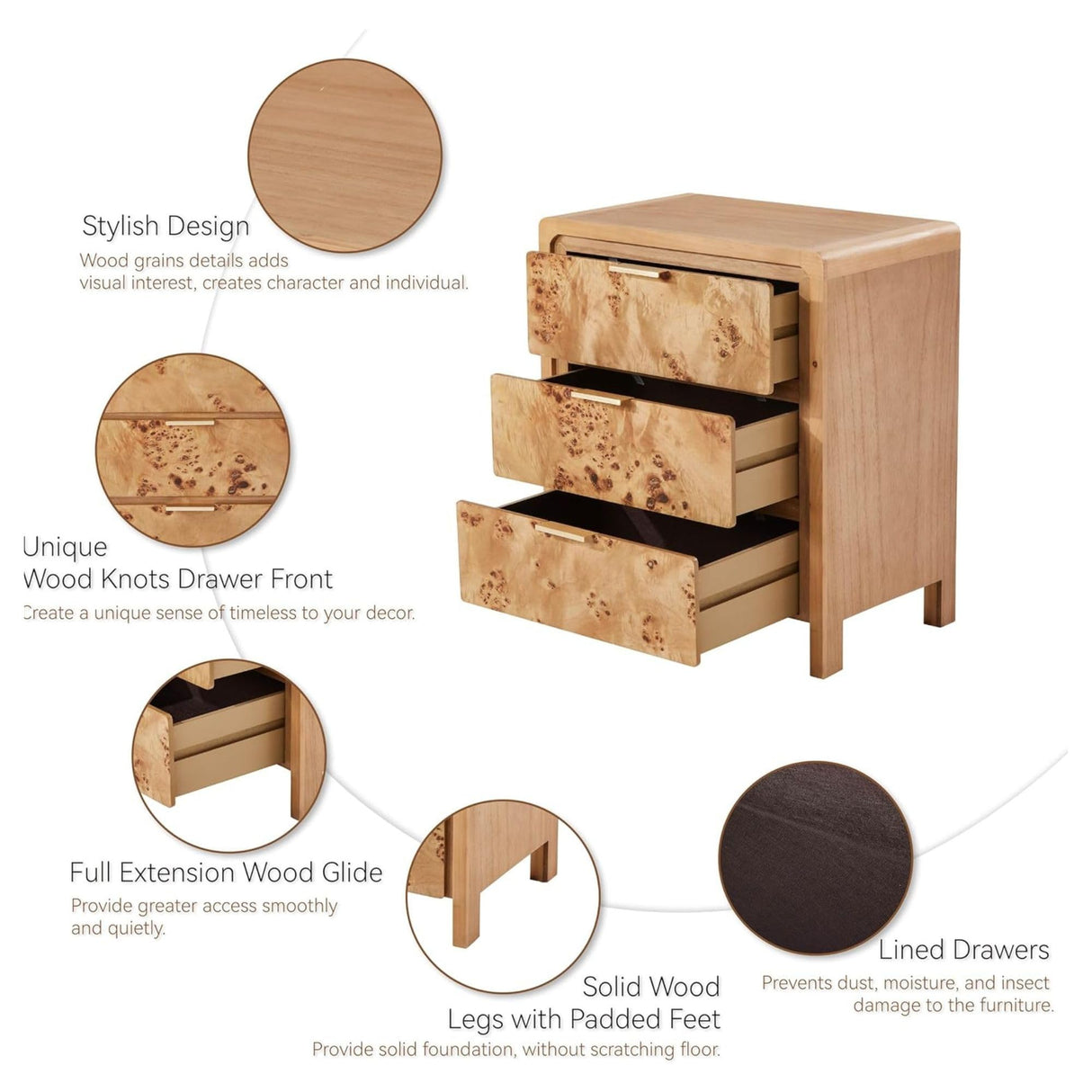 Burl Finish 3 Drawer Nightstand, Wood Rustic Farmhouse Dresser, Vintage Accent Storage Bedside Table for Bedroom Entryway, Fully Assembled, Natural COZAYH