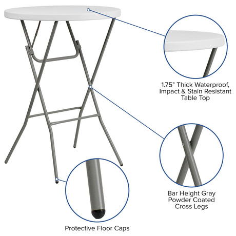 Flash Furniture Elon 2.6' Round Folding Bar Height Table for Parties and Commercial Events, Indoor/Outdoor Plastic Bar Height Folding Table, White Flash Furniture