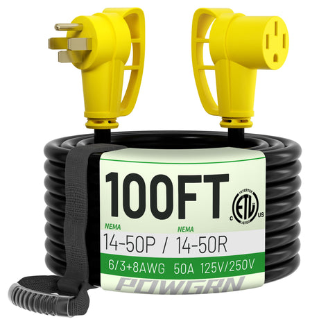 POWGRN 50 Amp RV/EV Extension Cord 100 FT Outdoor with Grip Handle, Flexible Heavy Duty 6/3+8/1 Gauge STW 4 Prong RV Power Cord Waterproof, NEMA 14-50P to 14-50R, Black-Yellow, ETL Listed POWGRN