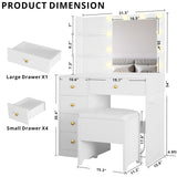 IRONCK Vanity Desk with Mirror and Lights, Small Makeup Vanity Table with 5 Drawers, Power Outlet, and Vanity Stool, 3 Lighting Colors, Dressing Table for Women Girls Bedroom, White IRONCK