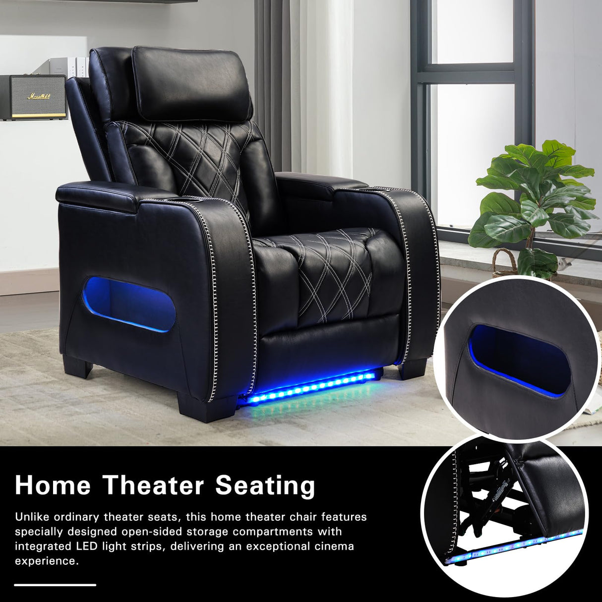 CANMOV Electric Power Recliner Chair with Adjustable Headrest, Breathable PU Leather Home Theater Seating with Ambient Lighting,Cup Holders,Armrest Storage,USB & Type C Ports,Black CANMOV