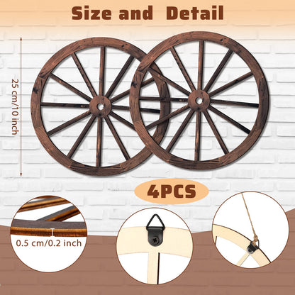 4 Pieces Wooden Wagon Wheel Wall Decor 10 Inches Old Western Wood Wagon Wheel Wall Art Farmhouse Wagon Wheels Rustic Yard Decor Wood Hanging Decorative Wheels for Garden Home Bar Garage