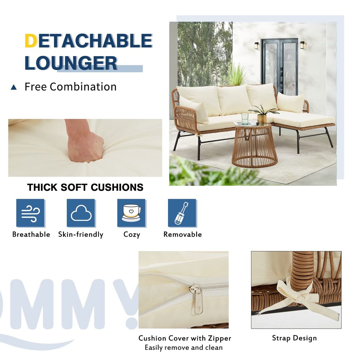 EROMMY 3 Piece Patio Furniture Set, L-Shaped Sectional Conversation Sofa Set with Thick Cushions and Toughened Glass Coffee Table for Backyard Balcony Garden Porch, White EROMMY