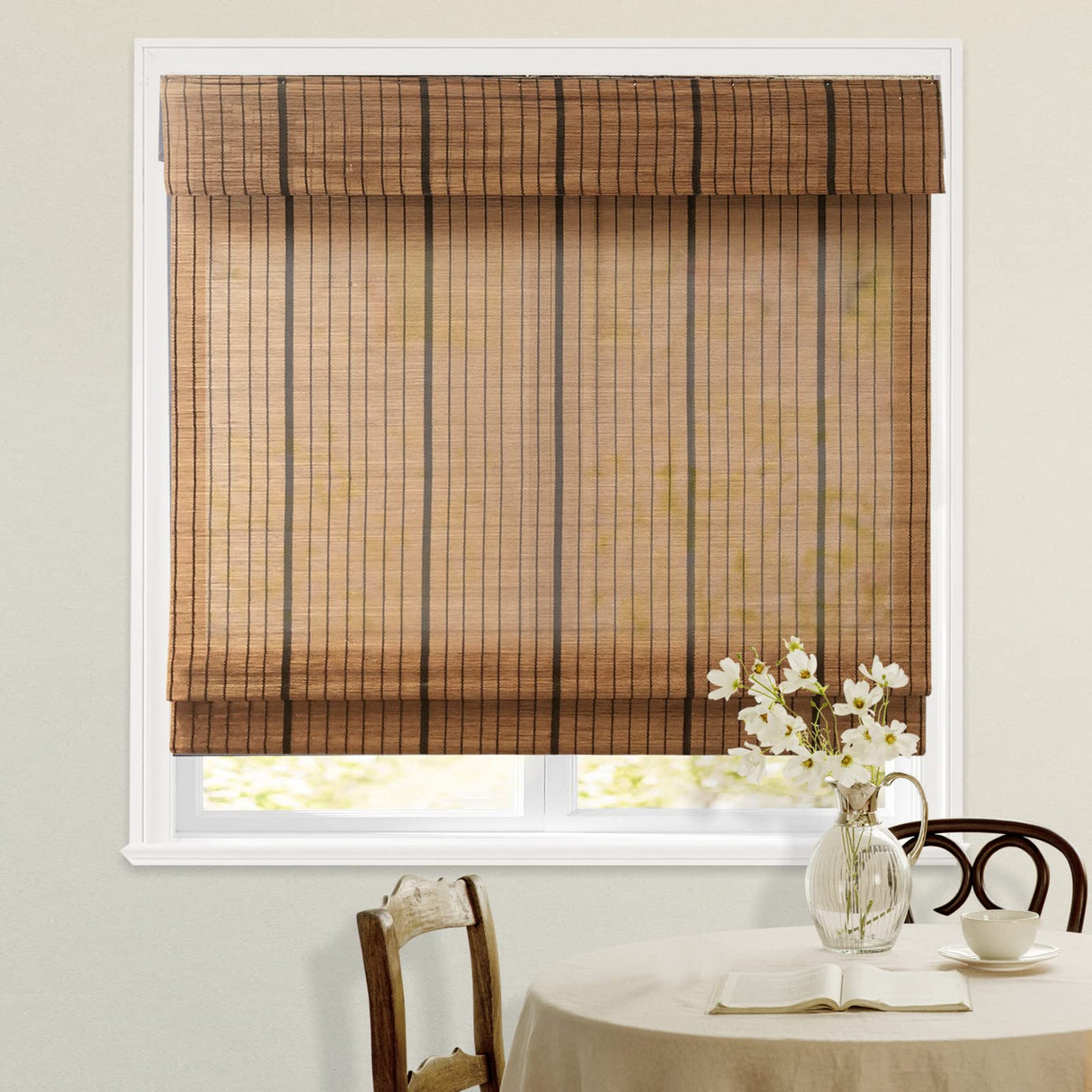 Blackout Cordless Bamboo Roman Shades with Lining - Custom Natural Window Blinds in Pattern 1 HousCa
