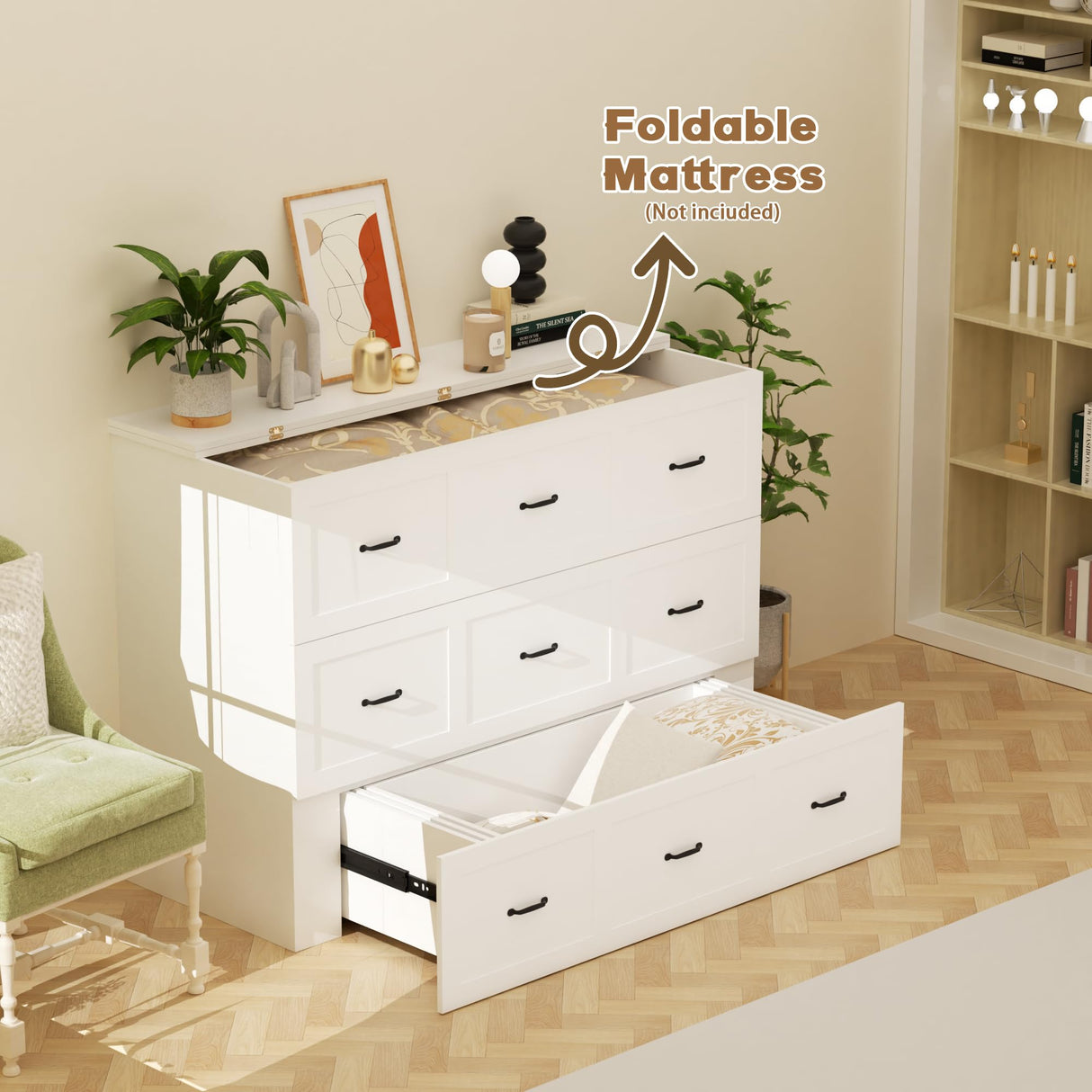 Full Size Murphy Bed with Charging Station and Drawer Farmhouse Cabinet Bed Wood Space-Saving Hidden Folding Platform Bed Chest for Home Office Bedroom Guest Room Apartment,White NEBZHASK