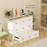 Full Size Murphy Bed with Charging Station and Drawer Farmhouse Cabinet Bed Wood Space-Saving Hidden Folding Platform Bed Chest for Home Office Bedroom Guest Room Apartment,White NEBZHASK