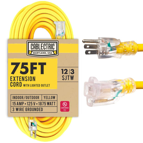 Cablectric 12 Gauge Outdoor Extension Cord 75 ft, 12/3 Heavy Duty Extension Cord 3 Prong Lighted End 75 Foot, SJTW Weatherproof Industrial Electrical Cable for Major Appliances, Proudly American Brand Cablectric