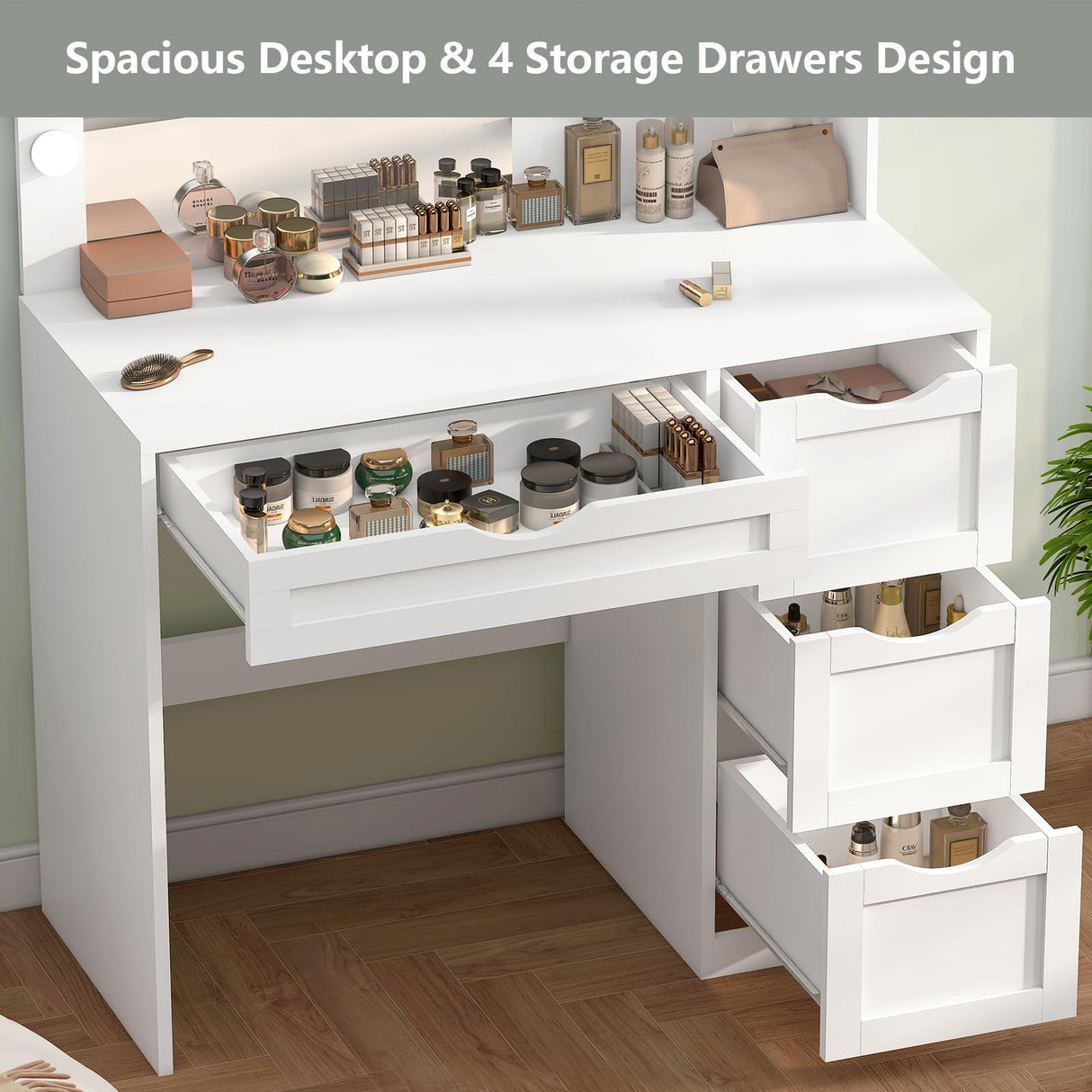 usikey Makeup Vanity Desk with Mirror and 10 LED Lights, Makeup Vanity Table with 4 Drawers, Vanity Desk Dressing Table with 2 Storage Shelves, 3 Color Modes Adjustable Brightness for Bedroom,White usikey