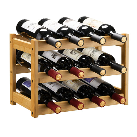 VASMIA Bamboo Wine Rack, Sturdy and Durable Wine Storage Cabinet Shelf, Wine Racks Countertop for Pantry,Kitchen,3-Tier 12 Bottles Wine Rack Natural VASMIA