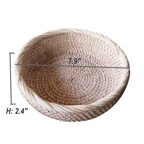 AMOLOLO Wash White Round Rattan Bowl Basket,White Decorative Handmade Wicker Key Holder, Decorative Woven White Rattan Basket Tray with Wrapping Edge and 2 Inch Deep Wall,7.9"x2.4" amololo