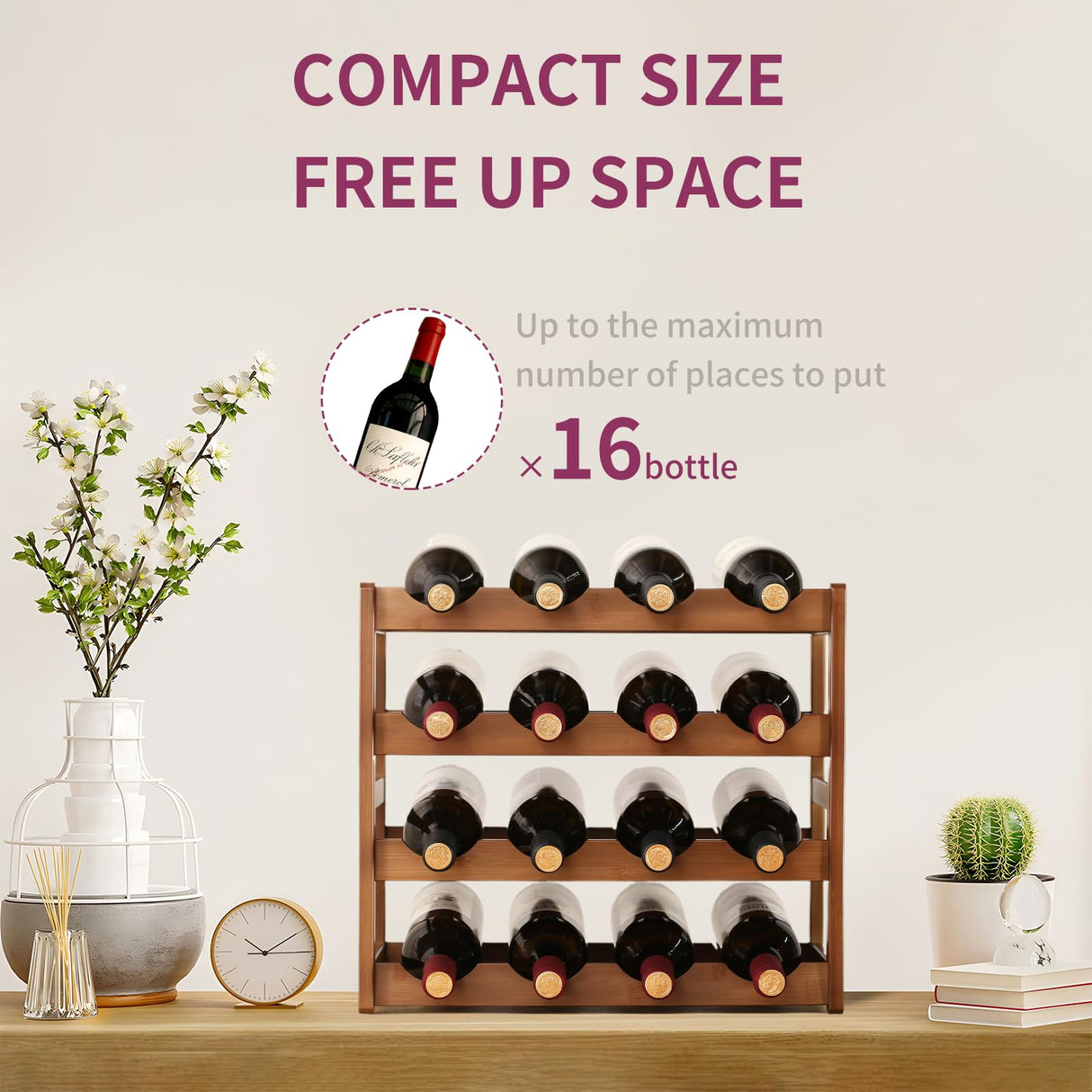 WUTALOTAT Wine Rack Storage,Bamboo Wine Racks Cabinet Shelf,4-Tier 16 Bottles Freestanding Wine Bottle Holder for Basement,Kitchen,Countertop WUTALOTAT
