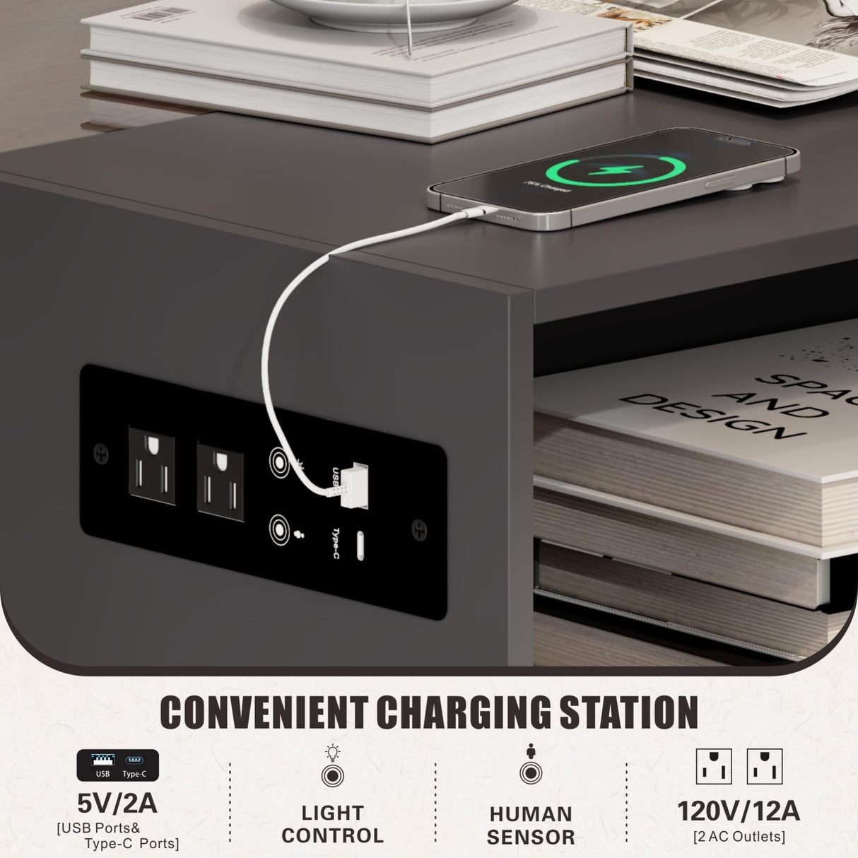 Glass Coffee Tables for Living Room, Grey Mid Century Modern Coffee Table with Storage, Smart Led Light Wood Coffee Table（Grey） HWB