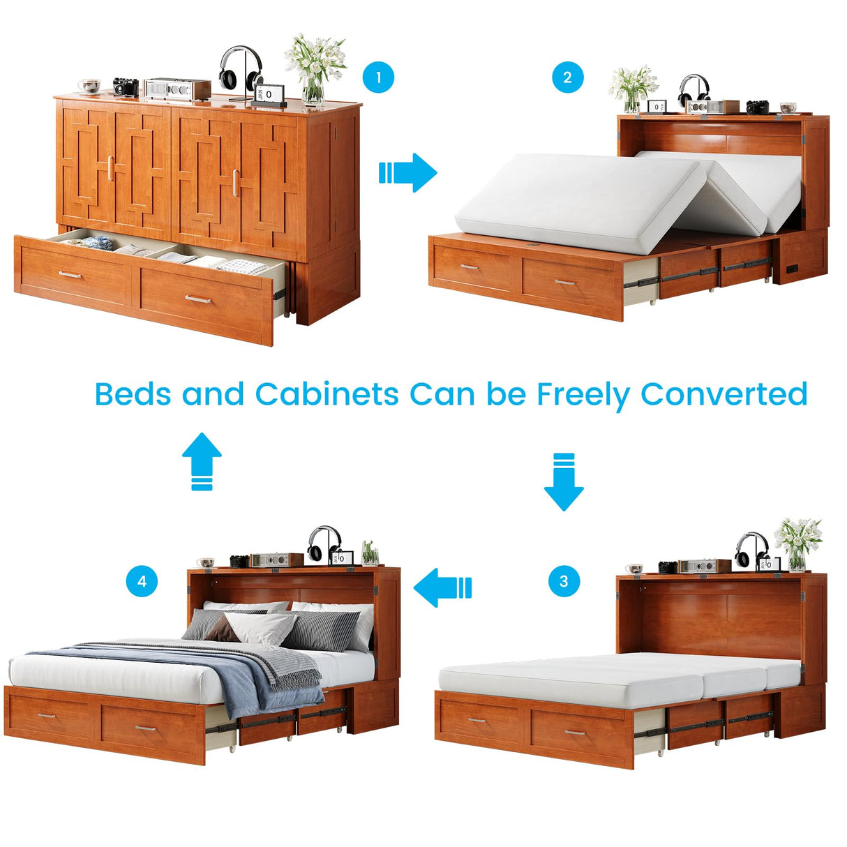 ADOWORE Queen Murphy Bed, Murphy Cabinet Bed with Built-in USB Charging Station & Large Storage Drawers, Horizontal Murphy Bed Wood Murphy Chest Bed for Bedroom, Maroon ADOWORE