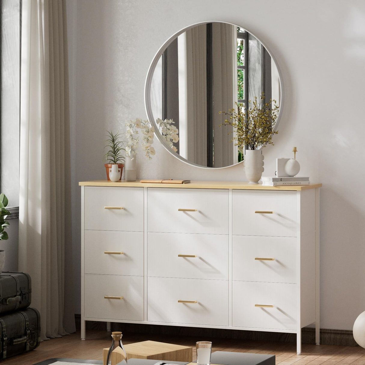 VASICAR Wide TV Stand Modern TV Console, 9 Drawers Dresser for Bedroom, Fabric Storage Cabinet, Chest of Drawers for Closet, Nursery, Living Room（White） VASICAR