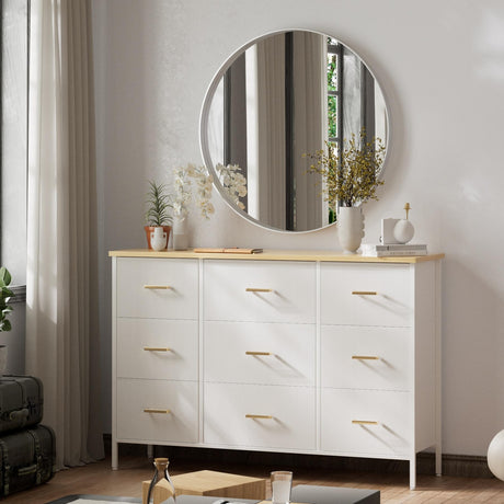 VASICAR Wide TV Stand Modern TV Console, 9 Drawers Dresser for Bedroom, Fabric Storage Cabinet, Chest of Drawers for Closet, Nursery, Living Room（White） VASICAR
