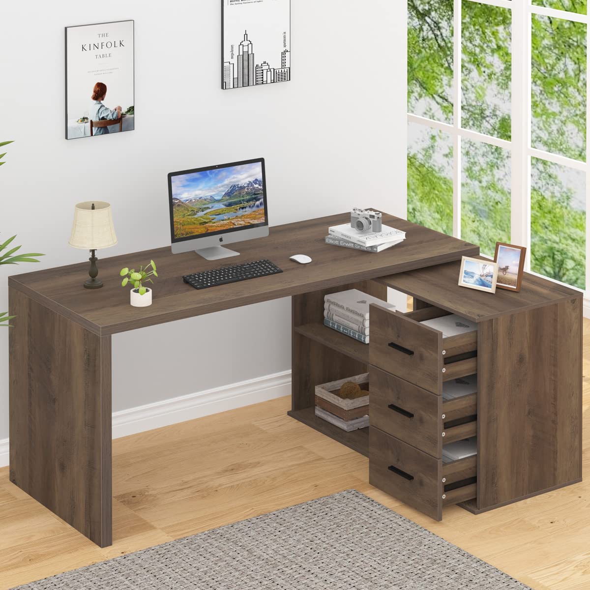 HSH L Shaped Desk with Storage Cabinet, Wood L Shape Desk with Drawers Shelf, Large Corner Computer Table in Home Office Bedroom, Industrial PC Desk for Executive Writing Work Study, Rustic Oak, 55 In