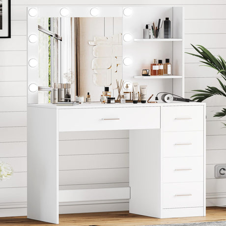Keehusux Vanity Table with Mirror and Lights, 3 Lighting Colors, Bedroom Makeup Vanity with Charging Station, Makeup Desk with 5 Drawers and Open Storage Shelves, White KES001WSZT Keehusux