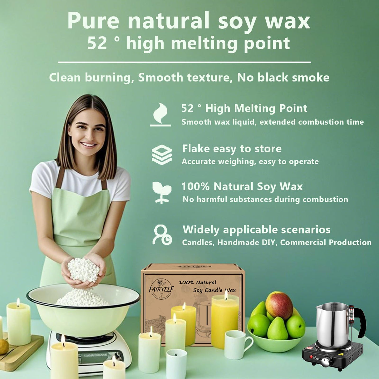 Soy Wax Candle Making Kit Supplies with Wax Melter, Natural Candle Wax for Candle Making - DIY Candle Making Supplies, Including 3lbs Soy Wax Flakes, Melting Pot, Electric Stove, Candle Wick FAIRYELF