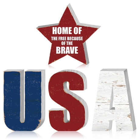 4 Pcs 4th of July Patriotic Wooden Signs USA and Star Sign Vintage Independence Day Red White and Blue Decorations Rustic Wood Table Centerpieces for Living Room Dining Office Decor Memorial Day Kigley