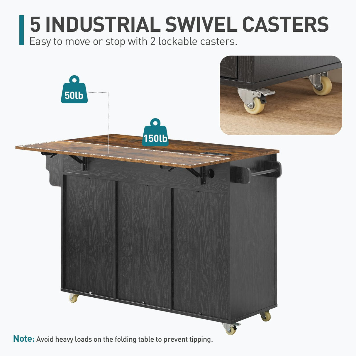 RALGEND Kitchen Island with Storage, Kitchen Cart with Charging Station, Rolling Kitchen Island Table with Drop-Leaf, 3 Drawers, Barn Doors, Towel Rack and Spice Rack, Black and Rustic Brown RALGEND