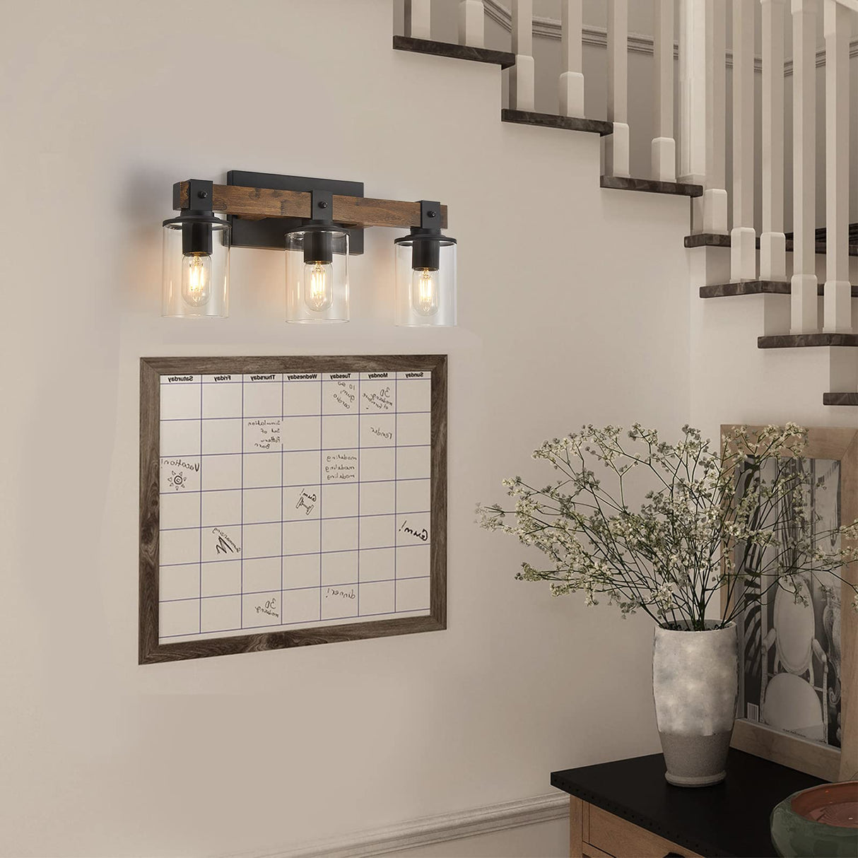 DUJAHMLAND Farmhouse Vanity Light Fixture,3-Light Bathroom Wood Wall Light Over Mirror with Clear Glass Shade, Rustic Vintage Wall Sconce Lighting.(Antique Wood, 3-Light) DUJAHMLAND