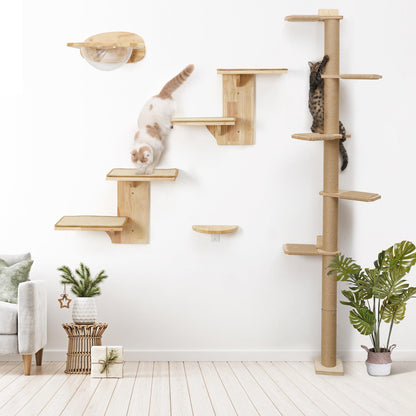 FUKUMARU Cat Wall Shelves, 2 Platform Cat Wall Furniture, Tree Shape Wall-Mounted Cat Floating Shelf with Sisal Mat, Solid Rubber Wood Cat Perch for 16 Inch Drywall, Suitable for Climb, Play, - WoodArtSupply