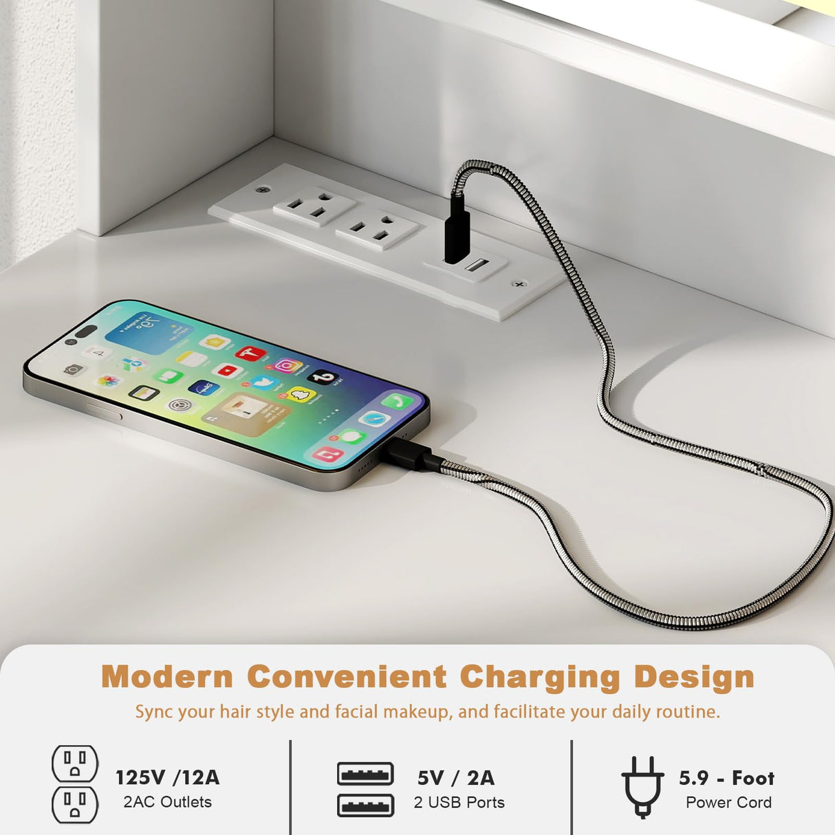 Hadulcet White Vanity Desk with Mirror and Lights, LED Vanity with Power Outlet, Makeup Vanity with 2 Drawers, 10 Storage Shelves and Acrylic Door Cabinet for Bedroom Dressing Room, 43” Hadulcet