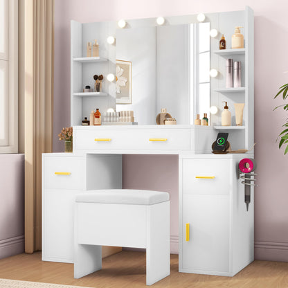 DWVO Vanity Desk with Mirror and Lights, Makeup Vanity Set with Drawers & Cabinet, 3 Colors Lighting Adjustable Brightness, Dressing Table for Bedroom, Storage Shelf and Stool, White