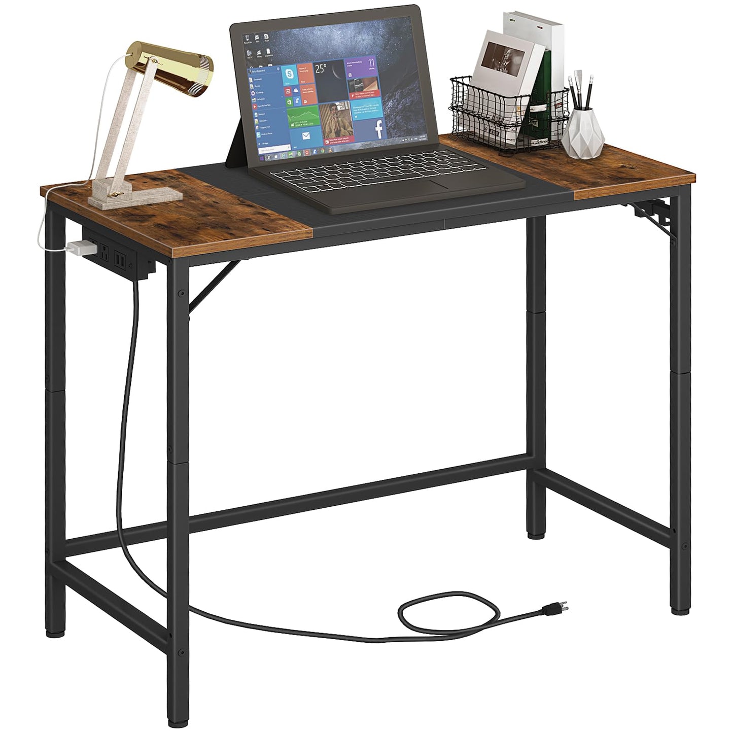 HOOBRO Computer Desk, Home Office Desk with Power Outlet, Modern Study Writing Desk with 3 Hooks for Study Room, Home Office, Sturdy and Stable, Easy to Assemble, Rustic Brown and Black BF40U - WoodArtSupply