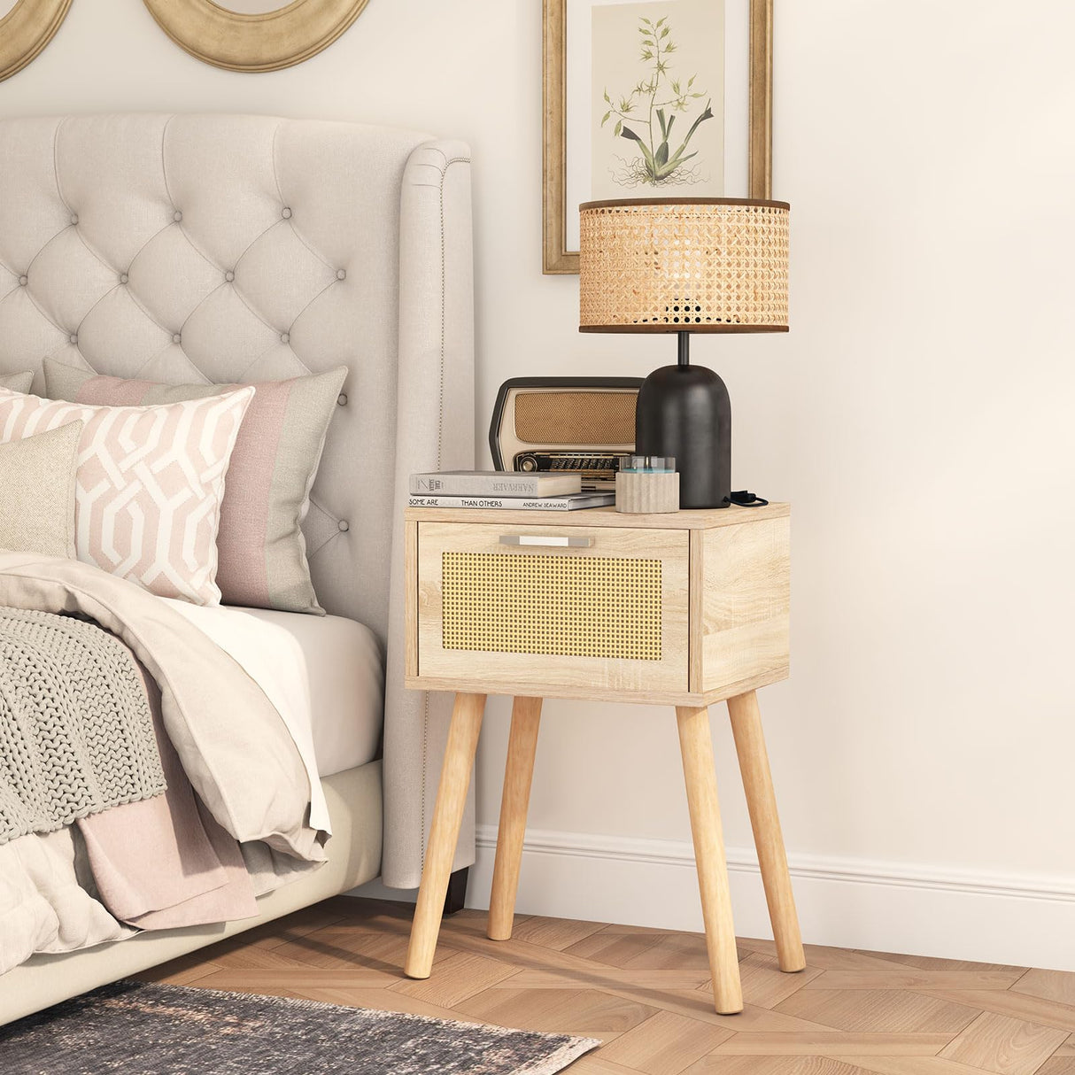 YMYNY Nightstand Set of 2, End Table, Small Bedside Table, Handmade Rattan Decorated Drawer, Solid Wood Legs, Modern Side Table for Bedroom and Small Spaces, Natural UHST010N-2 YMYNY