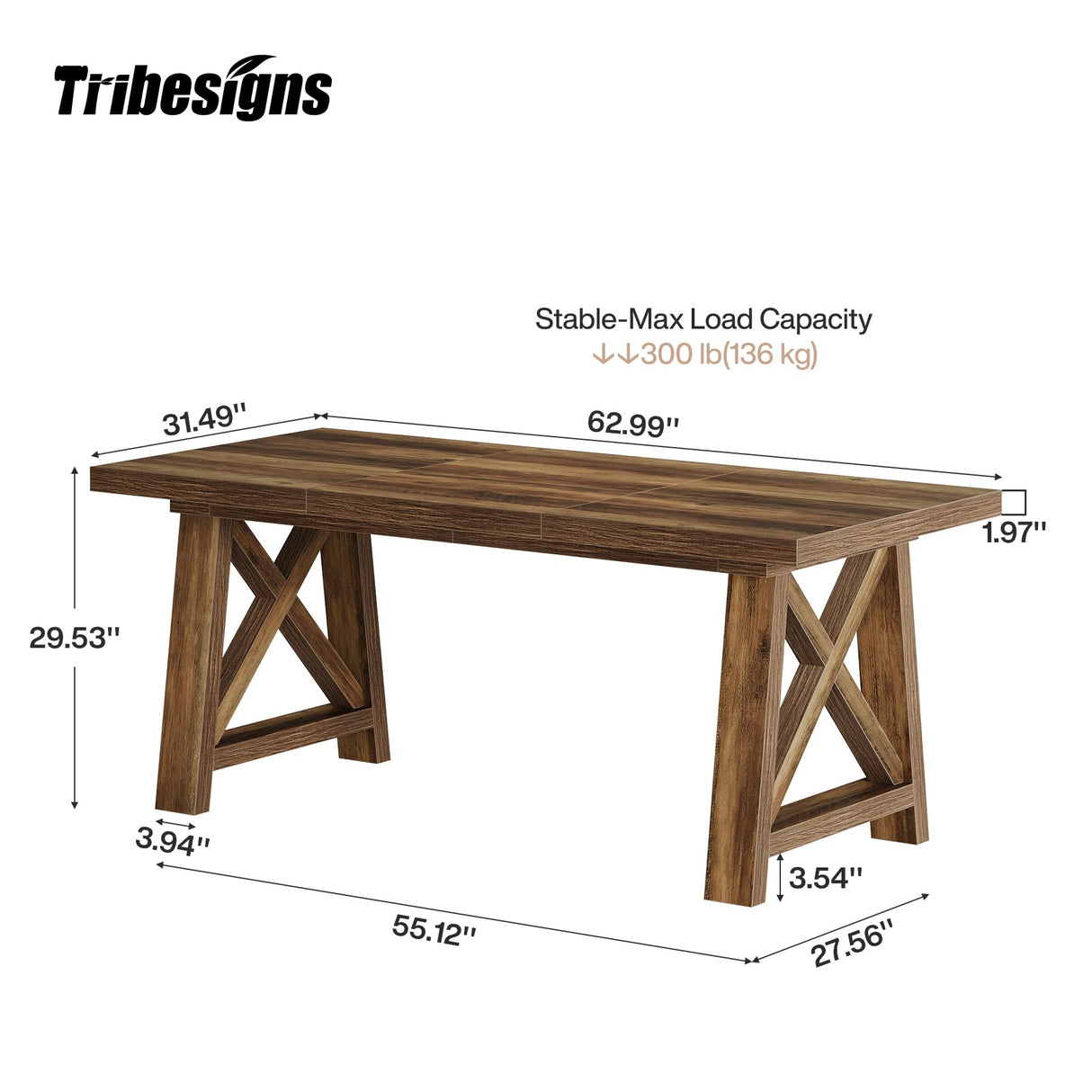 Tribesigns 63-Inch Executive Desk, Large Office Computer Desk with X-Shaped Legs, Modern Simple Workstation Study Writing Conference Table for Home Office, Rustic Brown Tribesigns