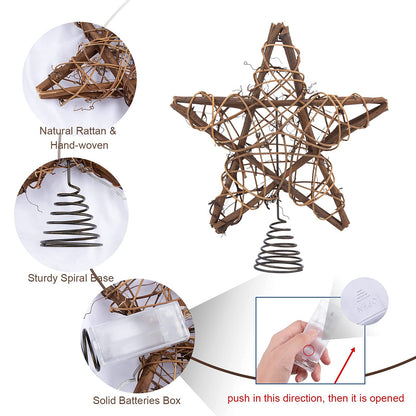 Christmas Tree Topper Farmhouse Christmas Decor Christmas Tree Decorations Rattan Natural Christmas Tree Star with 10 Warm LED Lights for Rustic Christmas Ornaments Holiday Seasonal Decoration 10 Inch