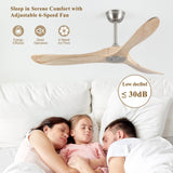DefinElegant 52" Modern Ceiling Fan, No Light, 6-Speed, Reversible, Timed Shutdown, DC Motor, Natural Wood 3 Blade, Porch, Bedroom, Living Room DefinElegant