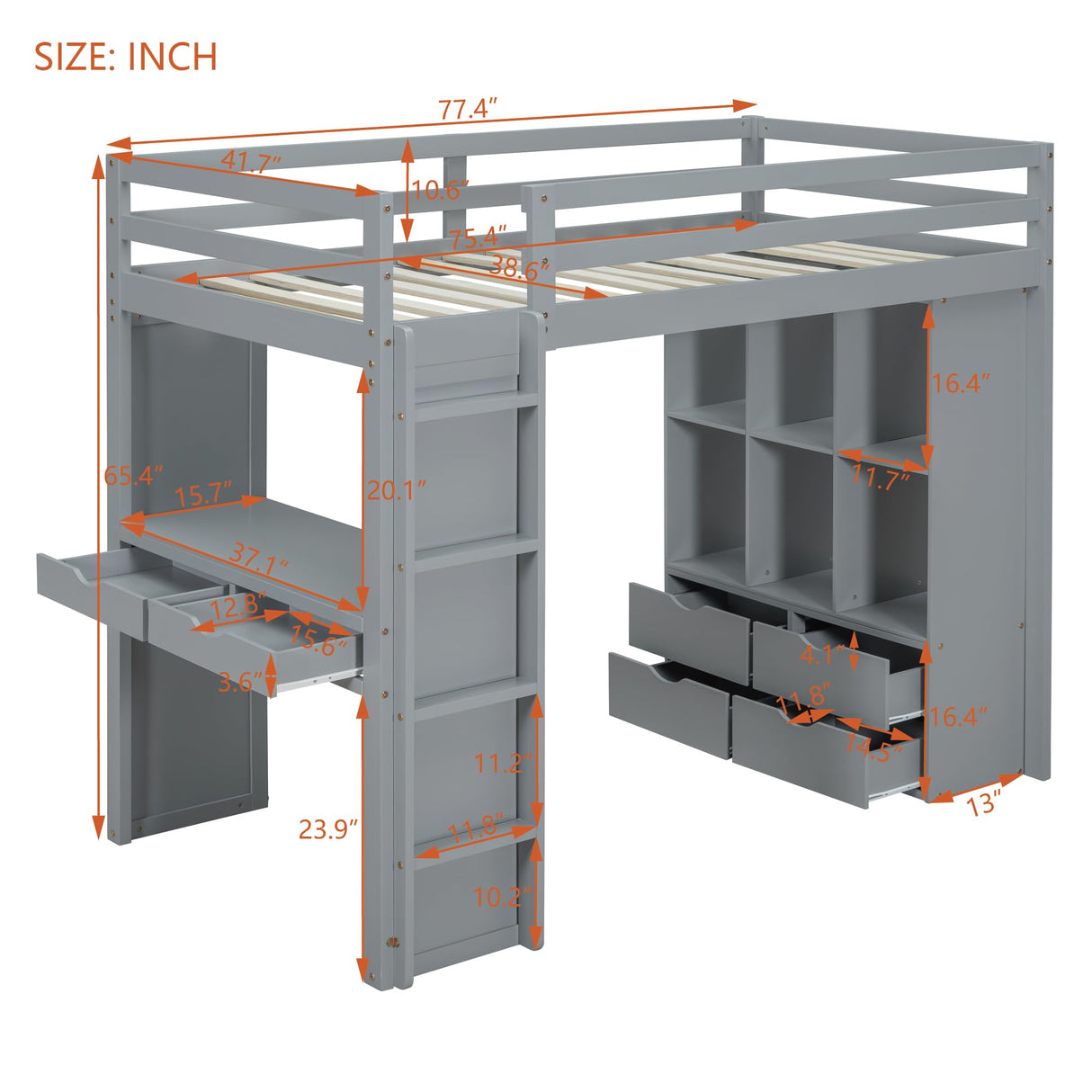Harper & Bright Designs Twin Size Loft Bed with Desk & Storage Shelves, Wood Loft Bed Twin Size with LED Lights, Hight Loft Bed Frame for Kids,Boys,Girls,Teens, Gray Harper & Bright Designs