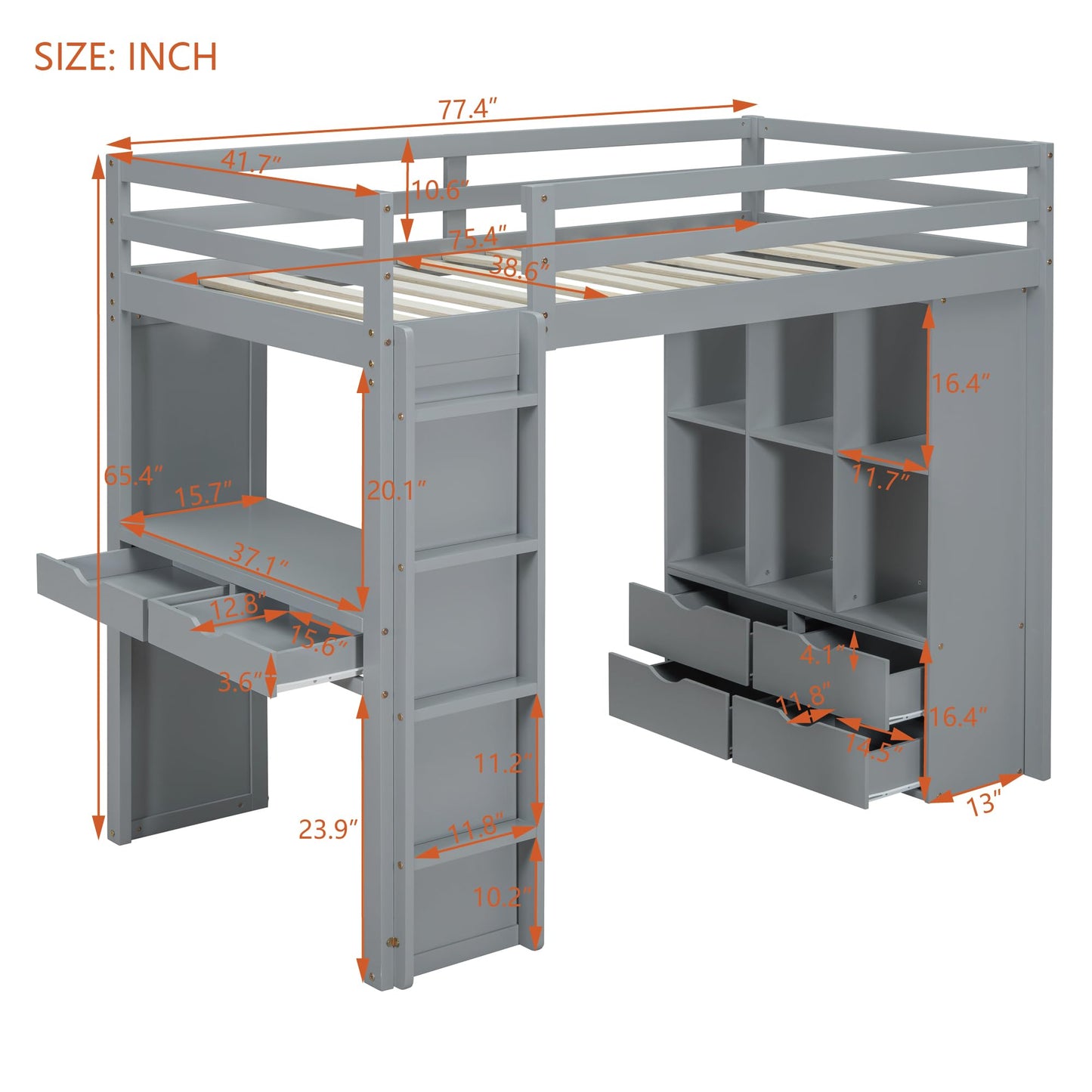 Harper & Bright Designs Twin Size Loft Bed with Desk & Storage Shelves, Wood Loft Bed Twin Size with LED Lights, Hight Loft Bed Frame for Kids,Boys,Girls,Teens, Gray