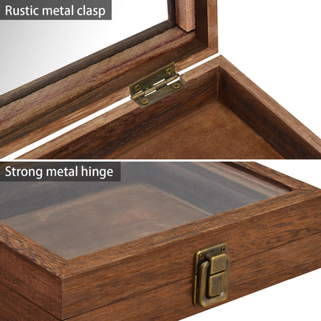 MOOCA Tempered-Glass Top Small Wooden Jewelry Display Case with Removable Black Luxurious Velvet Jewelry Display Pad, Deeper 2.2" Design for Collectibles, Brown Color. MOOCA