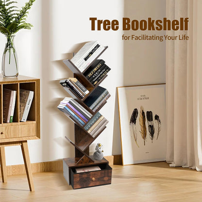 Yzosvki 8-Tier Rustic Brown Tree Bookshelf with Drawer for Stylish Storage - WoodArtSupply