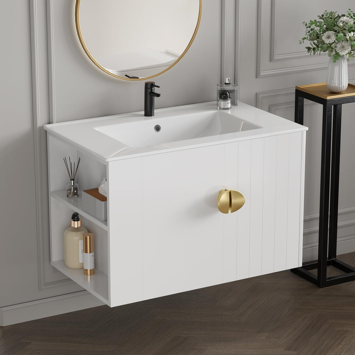 Findepot 30 Inch Floating Vanity Bathroom with Sink, White Bathroom Vanity Cabinet Combo with Ceramics Sink Top, Soft Close Cabinet Door & Open Storage Left Shelf, Modern Wall Mounted Vanity Findepot