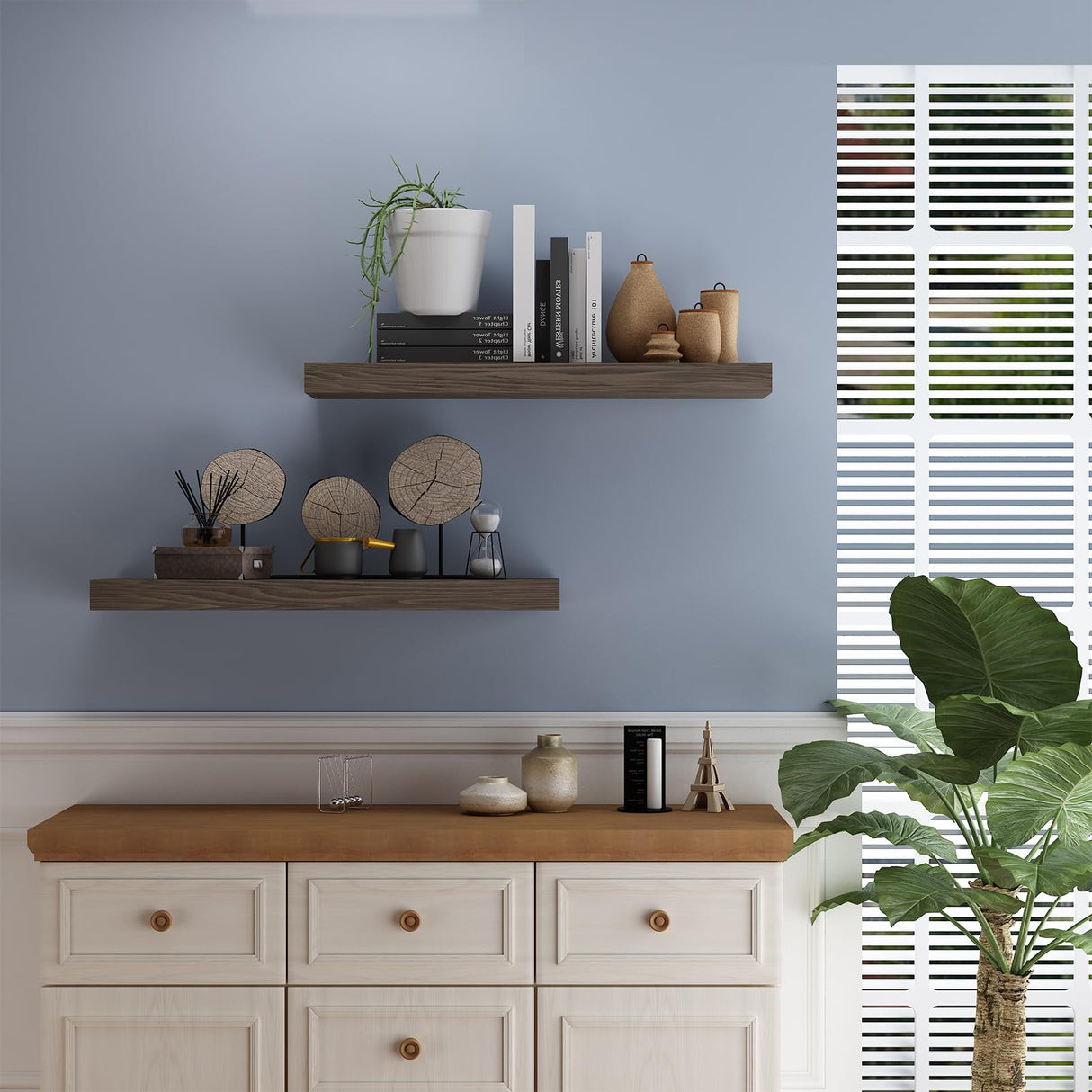 PopiShelves Floating Shelves for Wall- 17 Inch Natural Wood Shelves for Bathroom, Bedroom, Kitchen Decor, Farmhouse Decor Set of 2, Rustic Brown PopiShelves