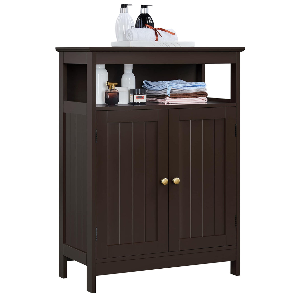 Yaheetech Espresso Bathroom Floor Storage Cabinet with Adjustable Shelf and 2 Doors Yaheetech