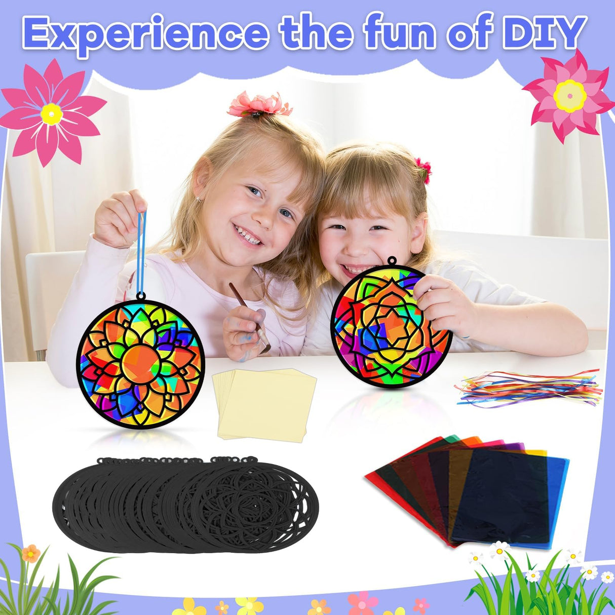 Lonfliness 32 Sets Suncatchers Craft Kit DIY Flower Window Stained Glass Effect Paper Spring Home School Classroom Decoration Art Craft Creative Activity Project Kid Gift Favor Lonfliness