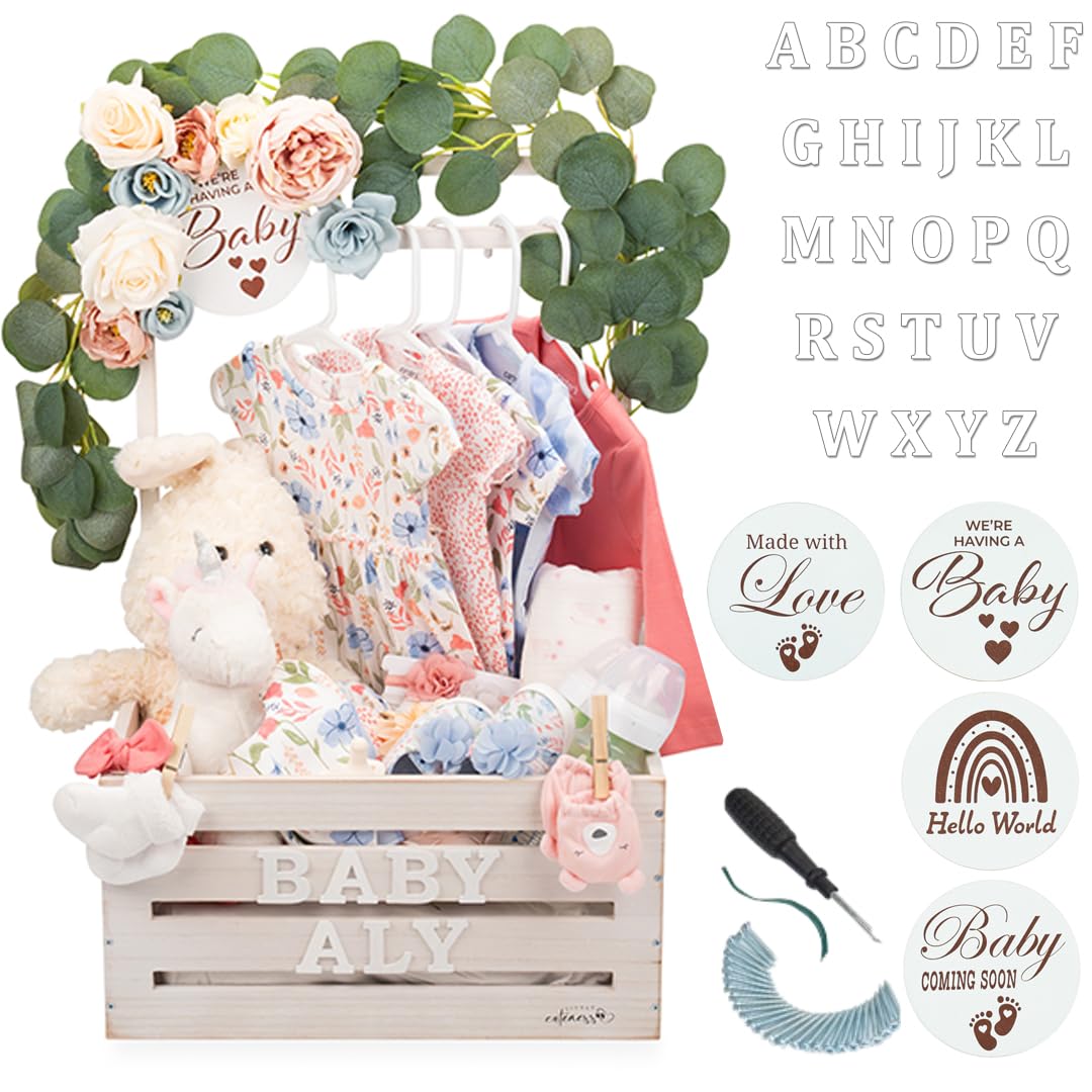 Wooden Baby Shower Crate Closet - Customizable Wooden Crate Box with Dual Rod System, Personalized Baby Shower Basket Alphabet Letters, Easy Assembly Baby Baskets for Baby Shower (Rustic White) Little Cuteness
