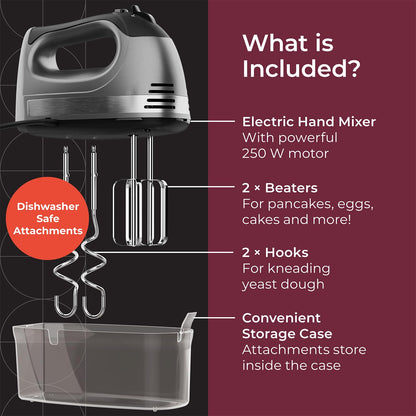 Mueller Electric Hand Mixer, 5 Speed 250W Turbo with Snap-On Storage Case and 4 Stainless Steel Accessories for Easy Whipping, Mixing Cookies, Brownies, Cakes, and Dough Batters