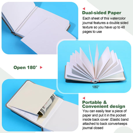 Dispowreath 4 Set Watercolor Sketchbook Journal with Watercolor Brush Pens 300 GSM Cotton Paper Portable Square Small Pocket Notebook Travel for Painters Art Supplies (3.9 x 3.9 Inch) Dispowreath