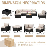 Jing's Villa 9-Piece Patio Furniture Set, All-Weather Outdoor Wicker Sectional Sofa with Cushions, Tempered Glass Table & Ottoman, Rattan Conversation Seating for Porch, Garden, Backyard,Beige Jing's Villa