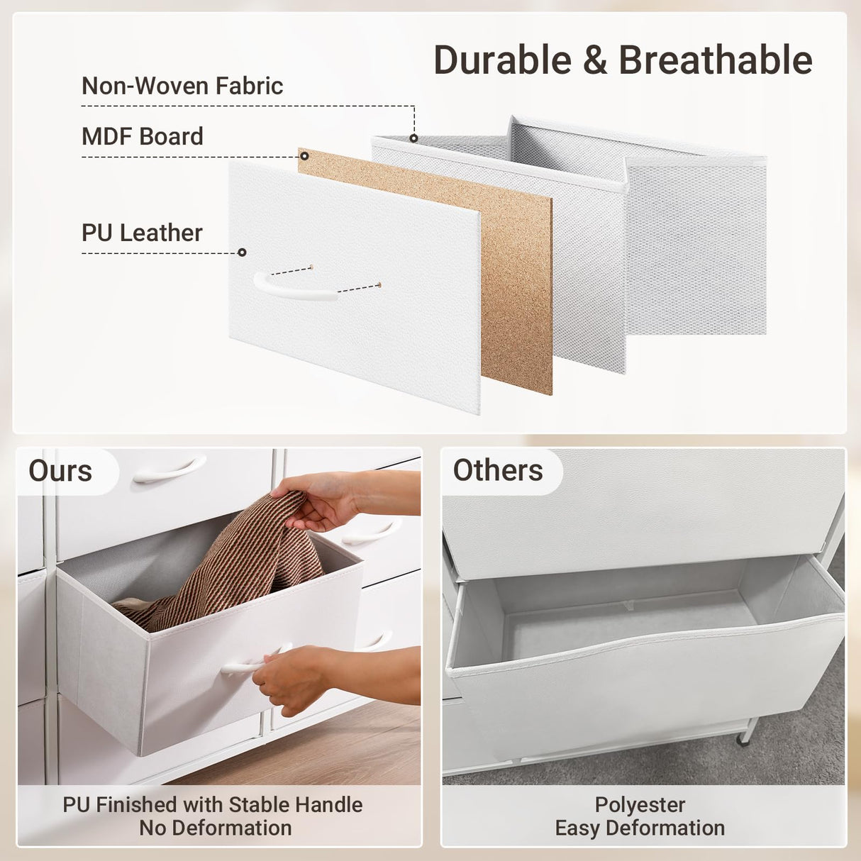 ELYKEN White Dresser with LED Light for Bedroom, Dresser with 9 Drawers and Charging Station, Fabric Chest of Drawers with PU Finish Storage Drawers for Entryway Closet Living Room Hallway Guest Room ELYKEN