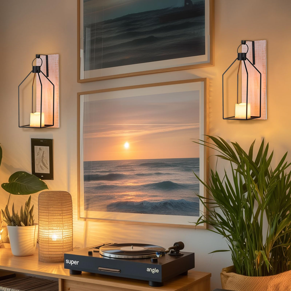 Staymoment Candle Sconces Wall Decor Set of 2: Farmhouse Wood Candle Holder - Indoor Black Metal Lantern Decorations for Living Room Front Porch Yard, Washwhite Staymoment