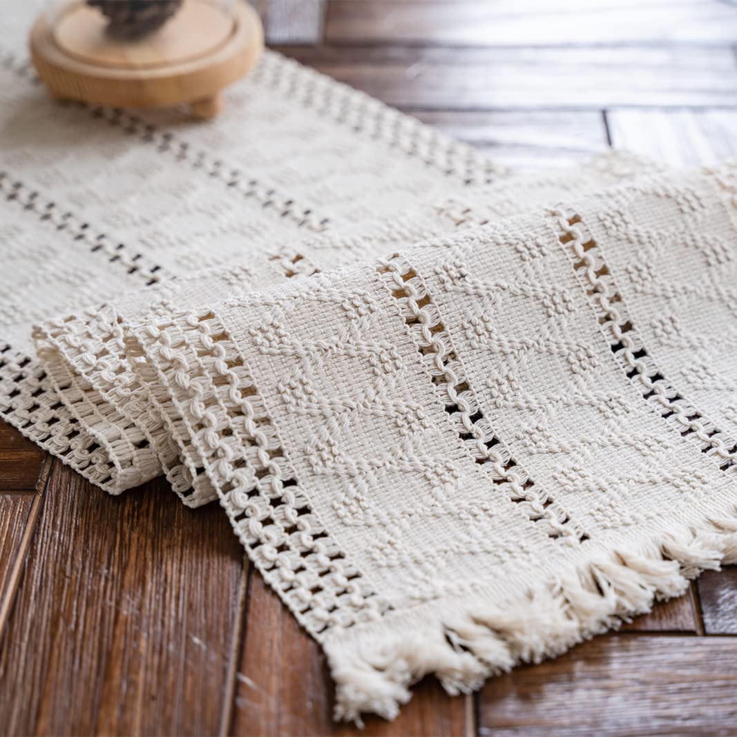 Alynsehom Macrame Table Runner Cream Beige Boho Table Runners with Tassels Hand Woven Cotton Table Runner Rustic Farmhouse Table Runners for Bohemian Kitchen Dining Table(12x71in) Alynsehom