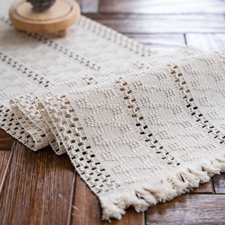 Alynsehom Macrame Table Runner Cream Beige Boho Table Runners with Tassels Hand Woven Cotton Table Runner Rustic Farmhouse Table Runners for Bohemian Kitchen Dining Table(12x71in) Alynsehom