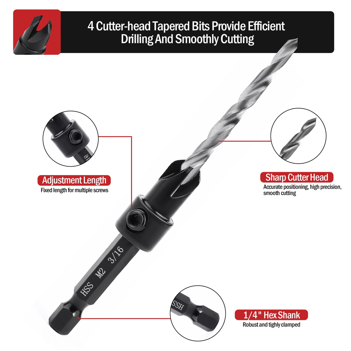 AIMLENTOOL Countersink Drill Bit Set, 5PCS Tapered Drill Bits, M2 Countersink Set with 1/4" Hex Shank Quick Change and 1 Allen Wrench for Woodworking, Pilot Screw Hole Set for Soft & Hard Wood AIMLENTOOL